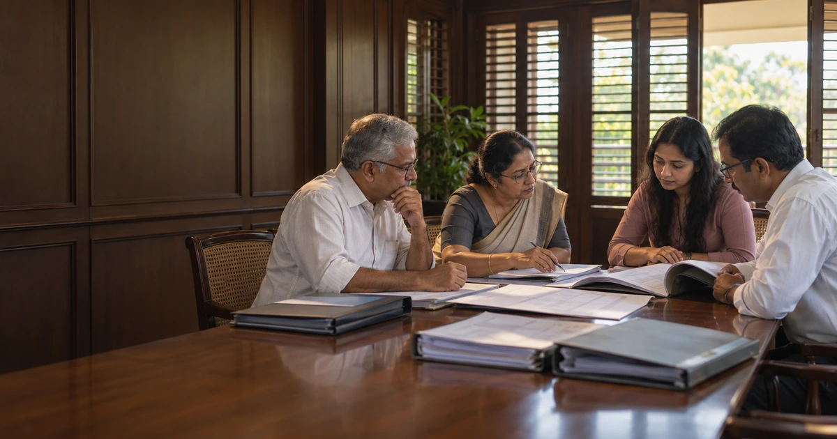 Directors reviewing related party transactions at a Kerala family group