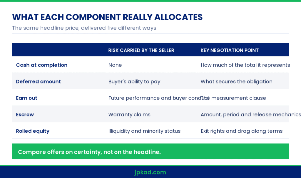 Infographic comparing deal structuring India components including earn out agreement and escrow arrangement